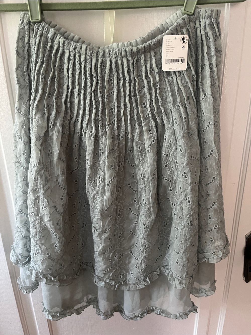 Free People Sage Green Eyelet Tiered Mini Skirt